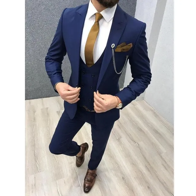 Aidase Three Piece Royal Blue Men Suits Peaked Lapel Custom Made Wedding Tuxedos Slim Fit Male Suits (Jacket   Pants   Vest)