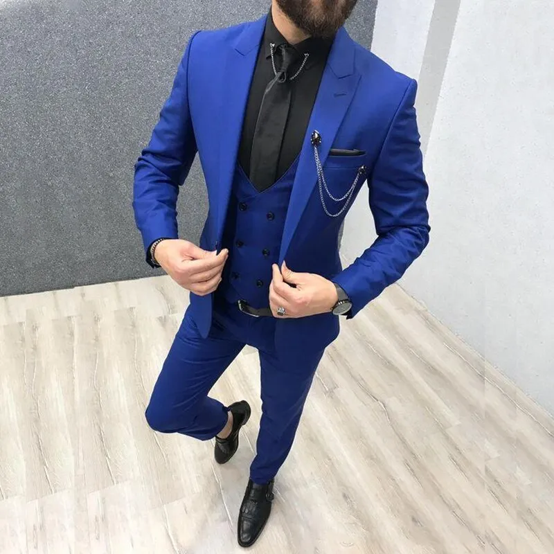 Aidase Three Piece Royal Blue Men Suits Peaked Lapel Custom Made Wedding Tuxedos Slim Fit Male Suits (Jacket   Pants   Vest)