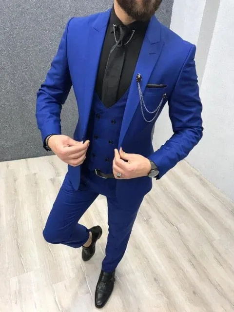 Aidase Three Piece Royal Blue Men Suits Peaked Lapel Custom Made Wedding Tuxedos Slim Fit Male Suits (Jacket   Pants   Vest)