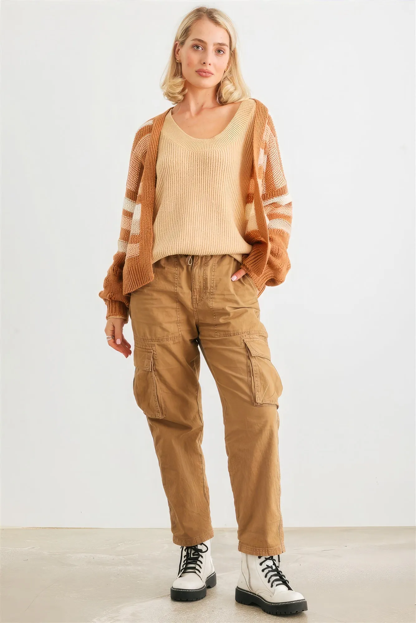 Camel Striped Crochet Knit Two Pocket Open Front Cardigan