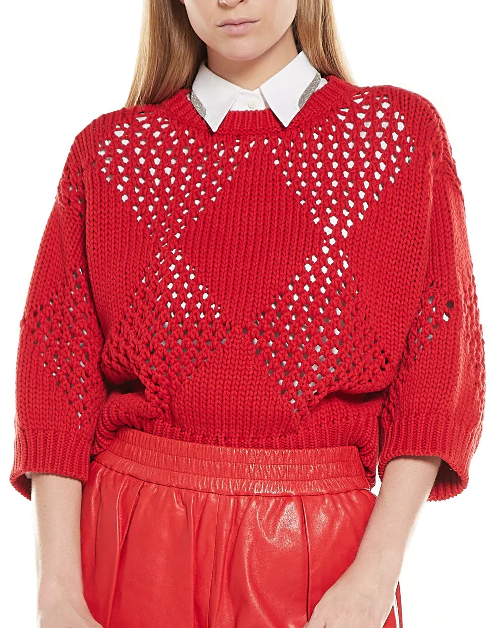 Chili Red Cotton Argyle Cropped Pullover