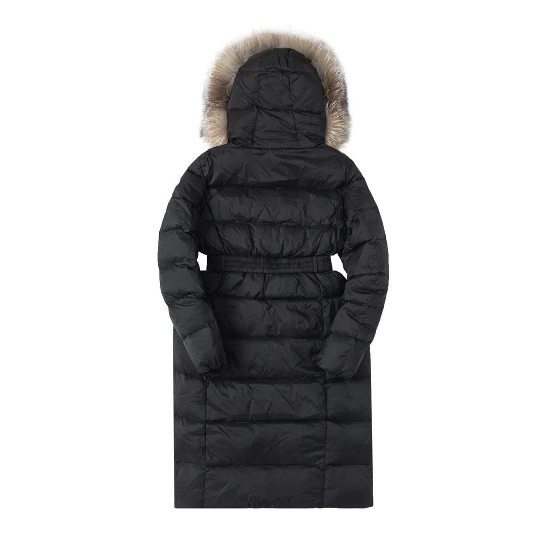 CLTH419 Boedic Black Hooded Shearling Long Down Jacket / Size0/1/2/3/4