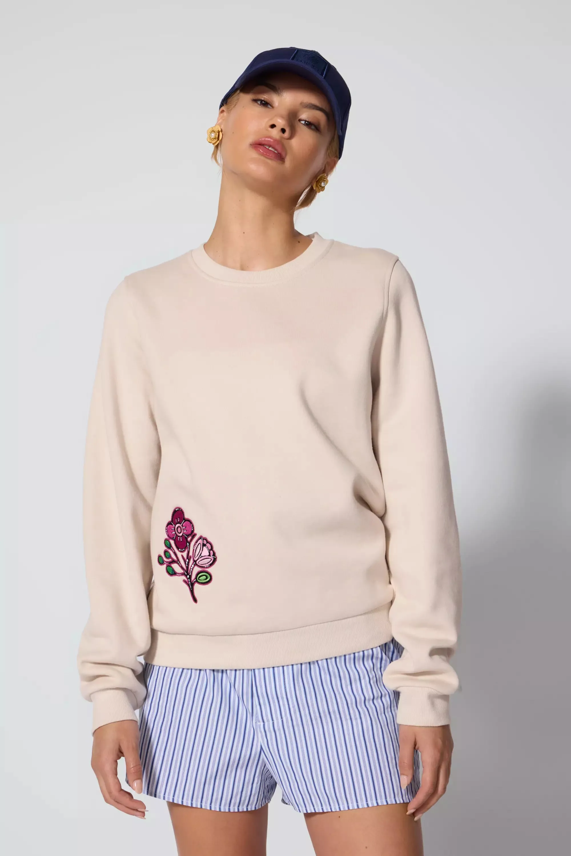 Comfort Fleece Embroidered Sweatshirt - Stone