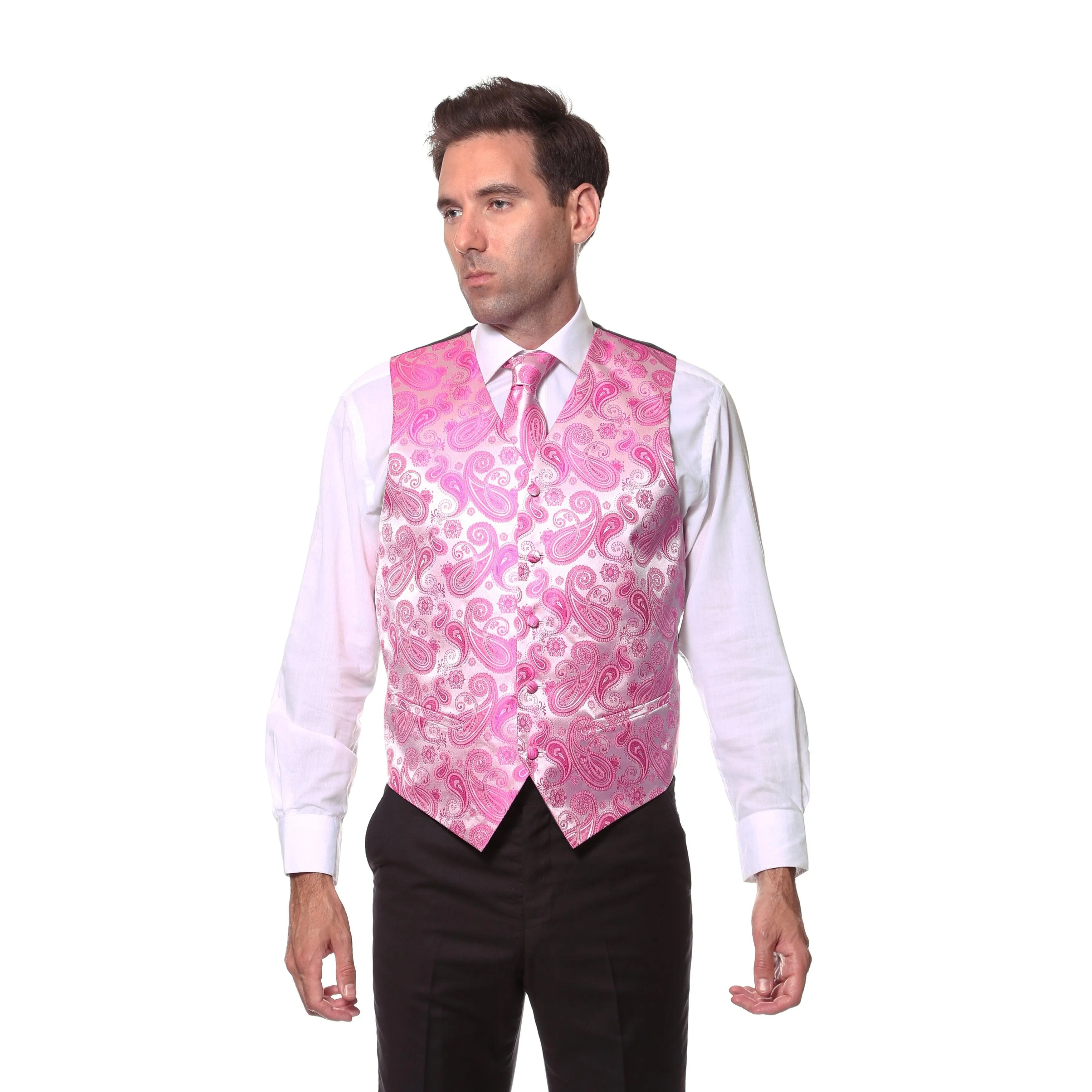 Ferrecci Mens Fuchsia Paisley Wedding Prom Grad Choir Band 4pc Vest Set