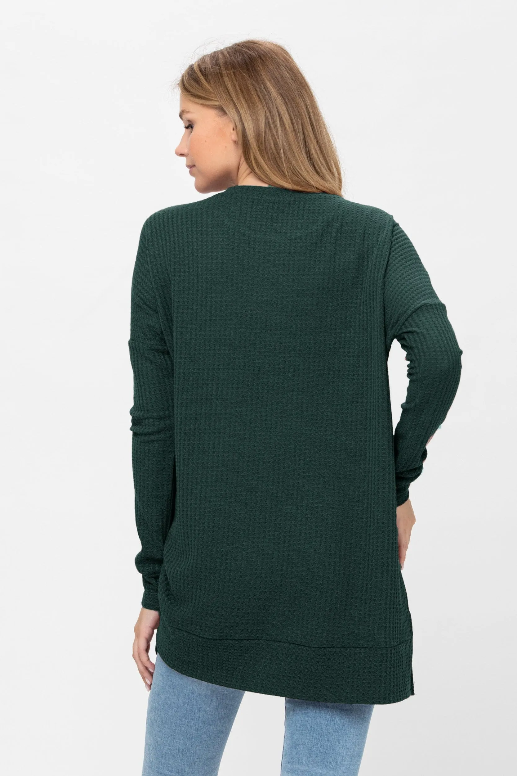 Long Sleeve Waffle Knit Sweater Round Neck Solid Color Pullover Dress Tops