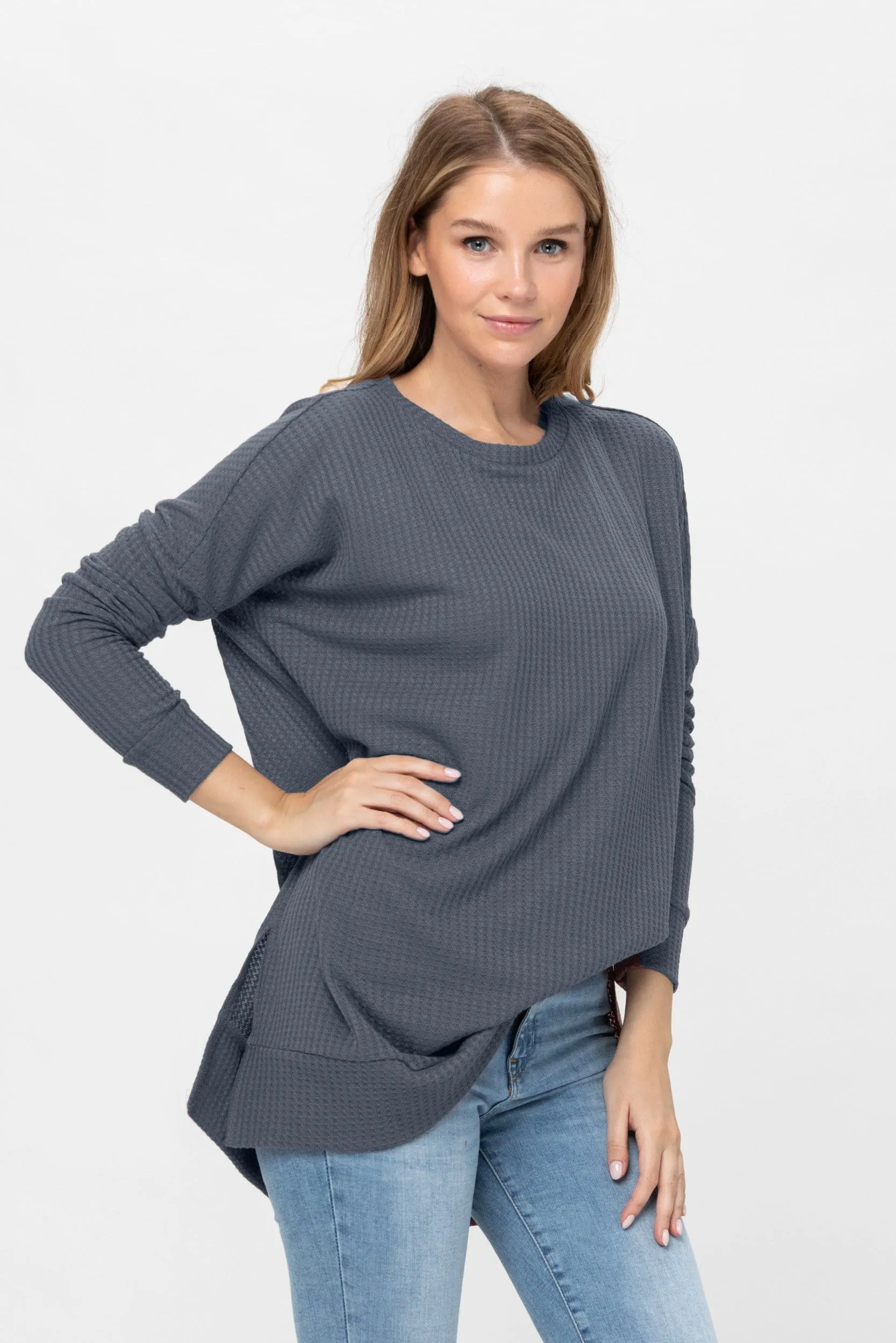 Long Sleeve Waffle Knit Sweater Round Neck Solid Color Pullover Dress Tops