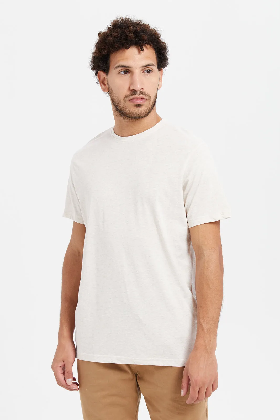 Men Beige Plain Round Neck T-Shirt