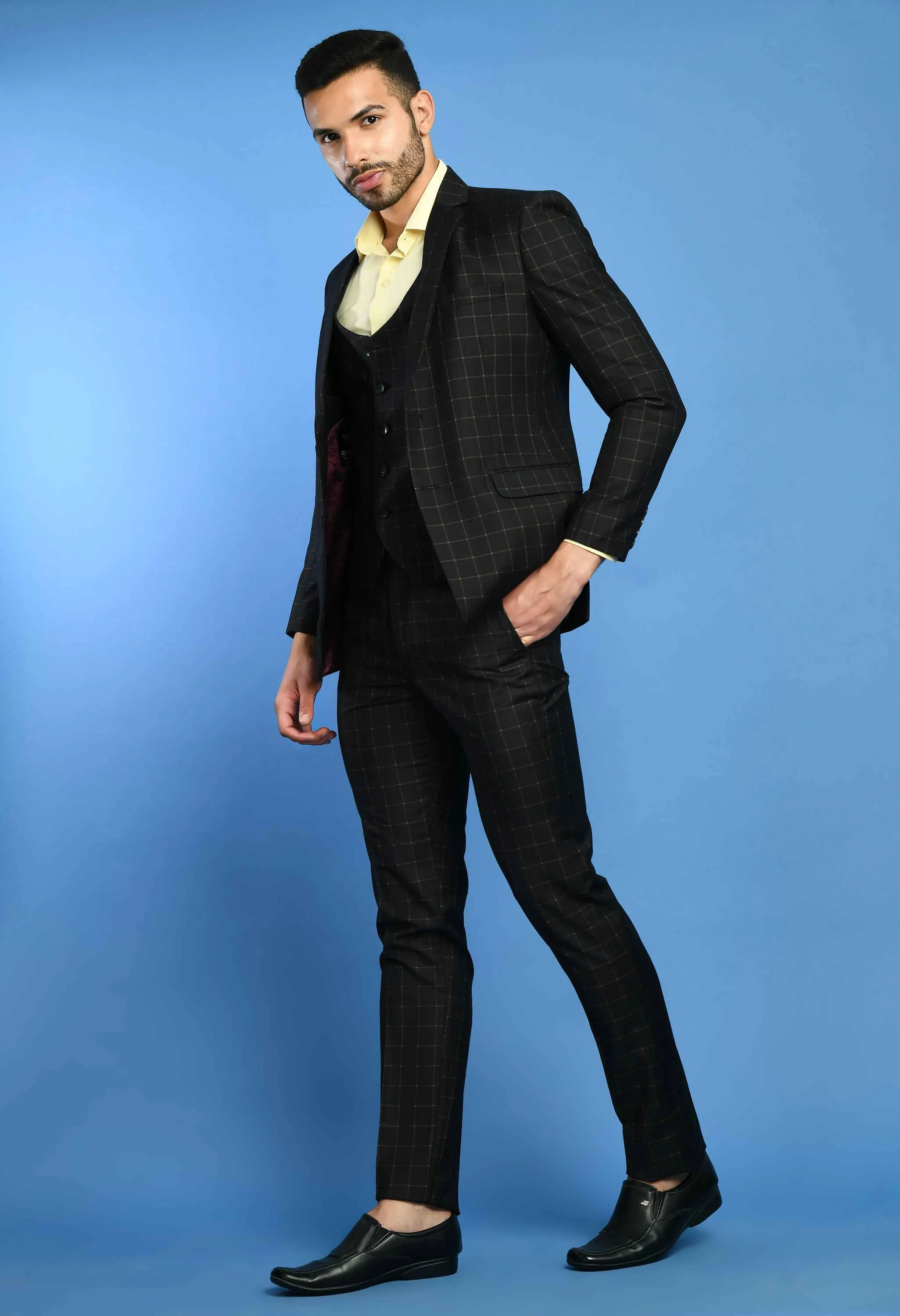 Men's Black Terry Rayon 3Pc Checked Suit Set