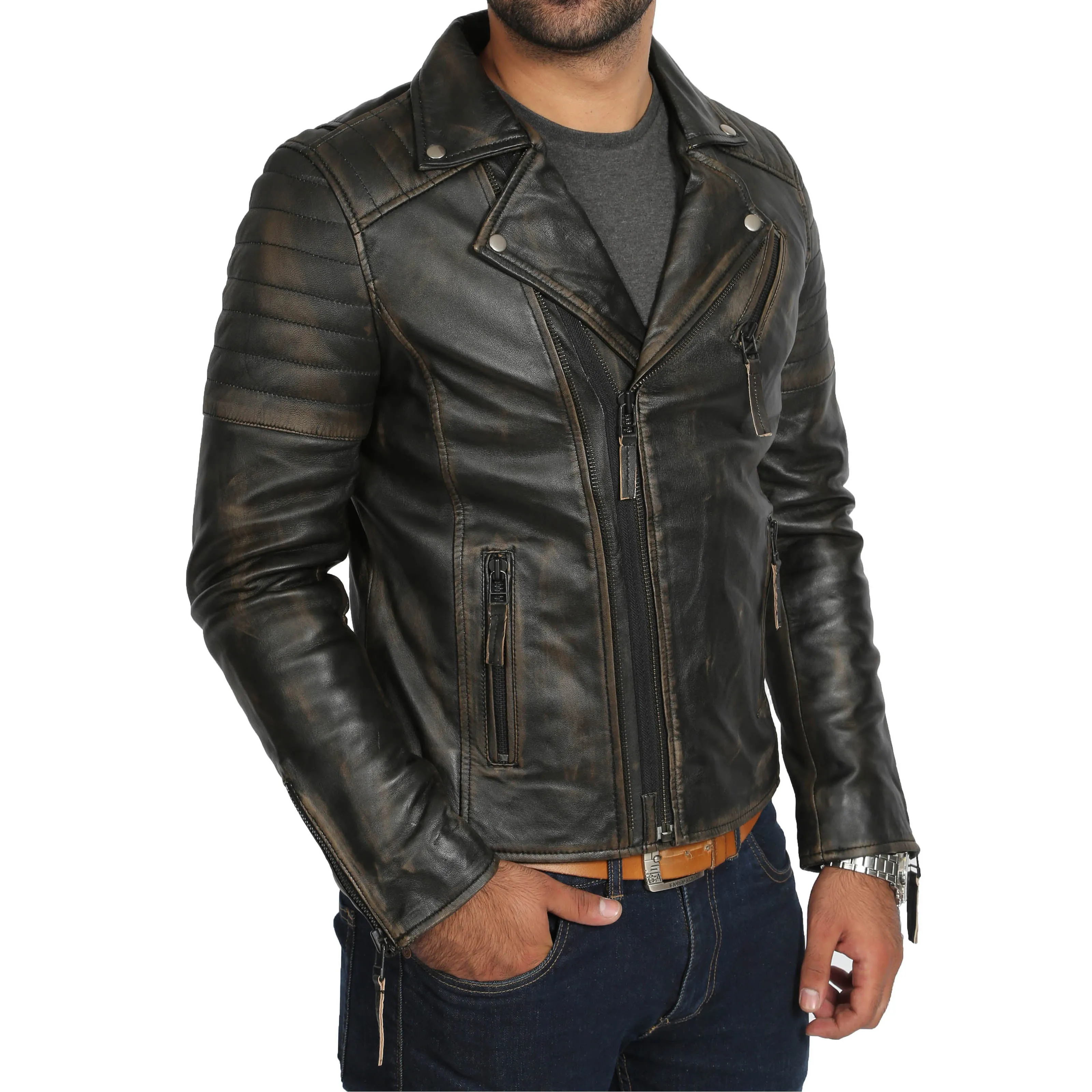 Mens Real Leather Biker Jacket Black Slim Fit Max Rub Off