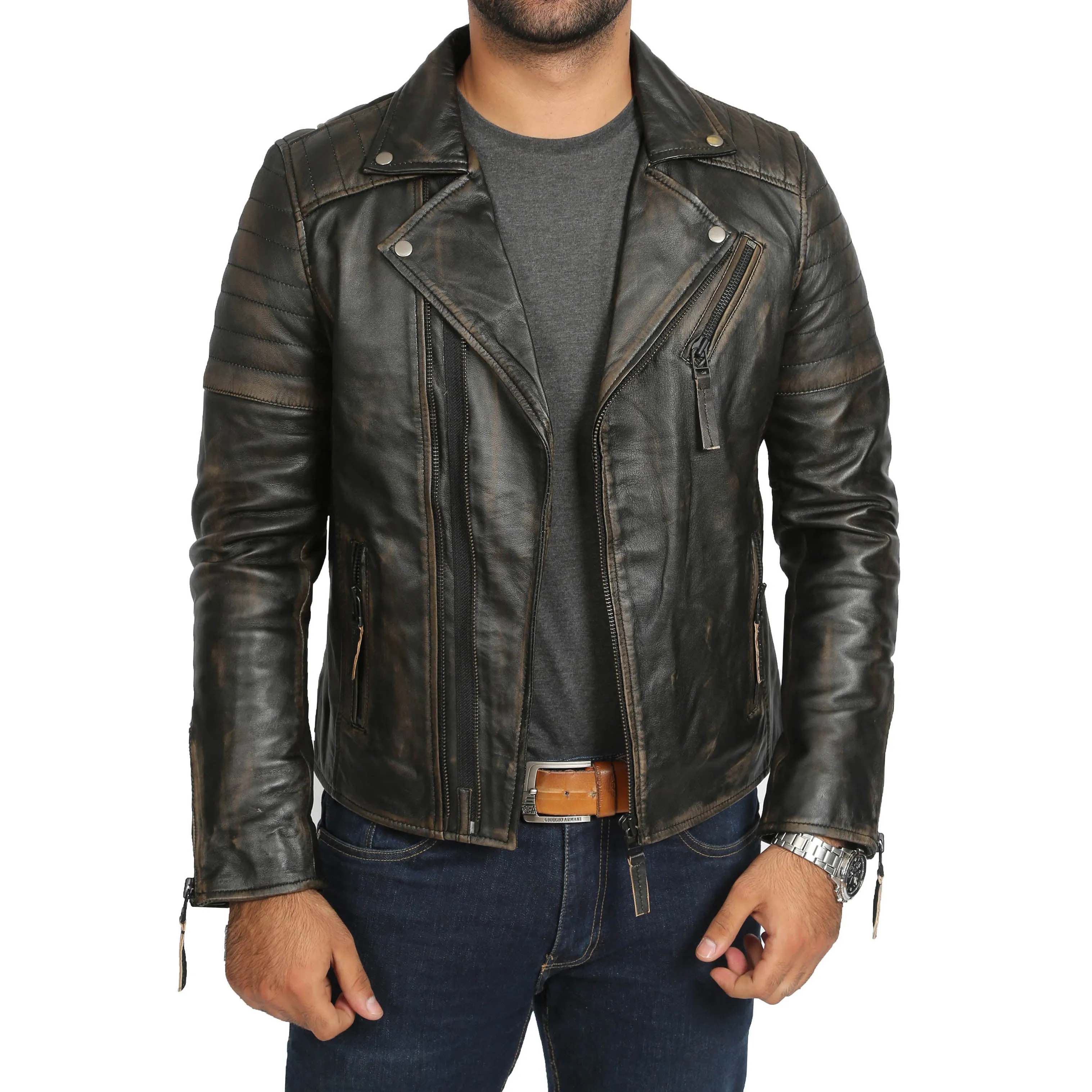 Mens Real Leather Biker Jacket Black Slim Fit Max Rub Off