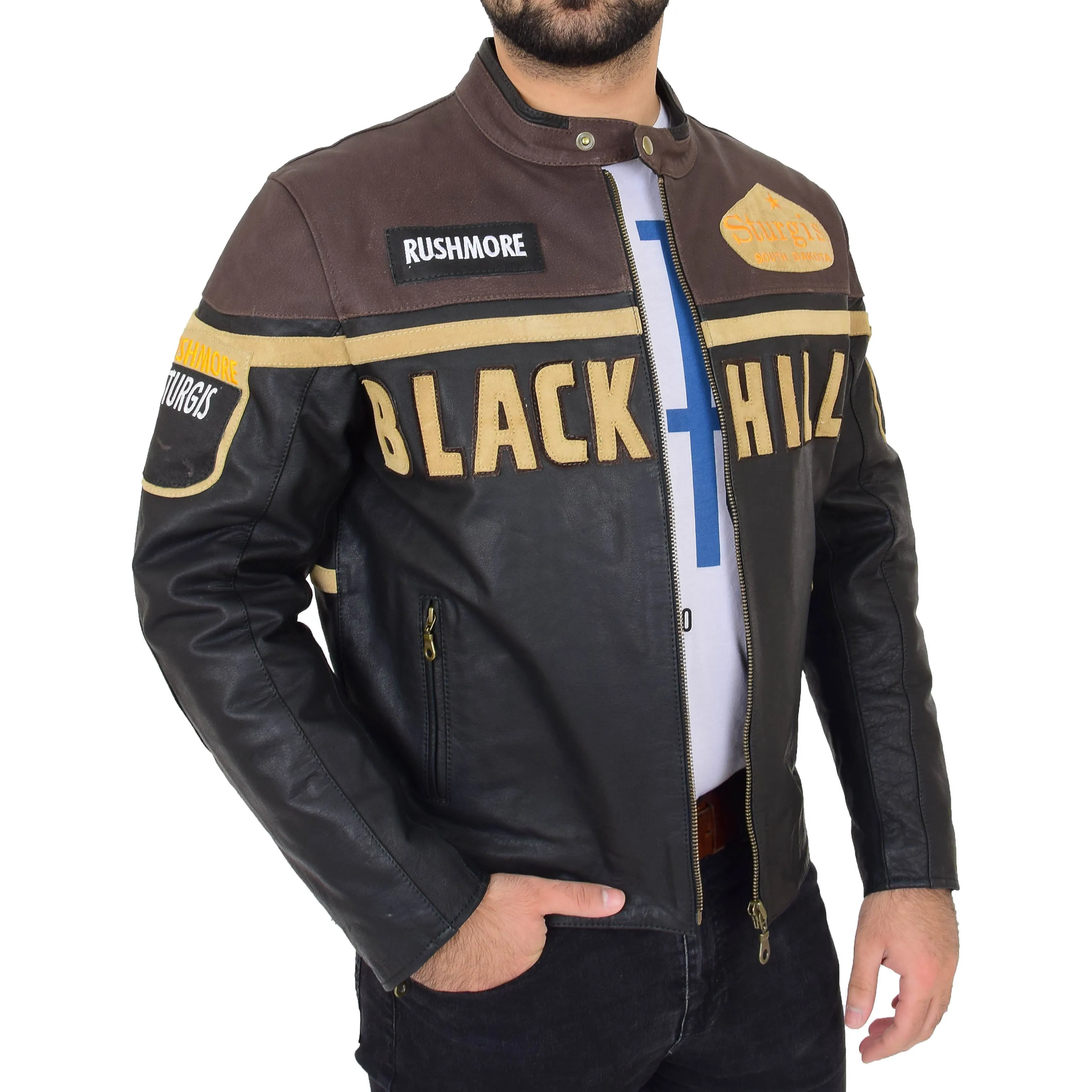 Mens Waxed Cowhide Biker Leather Jacket Badges Stripes Logos Tank Black Brown