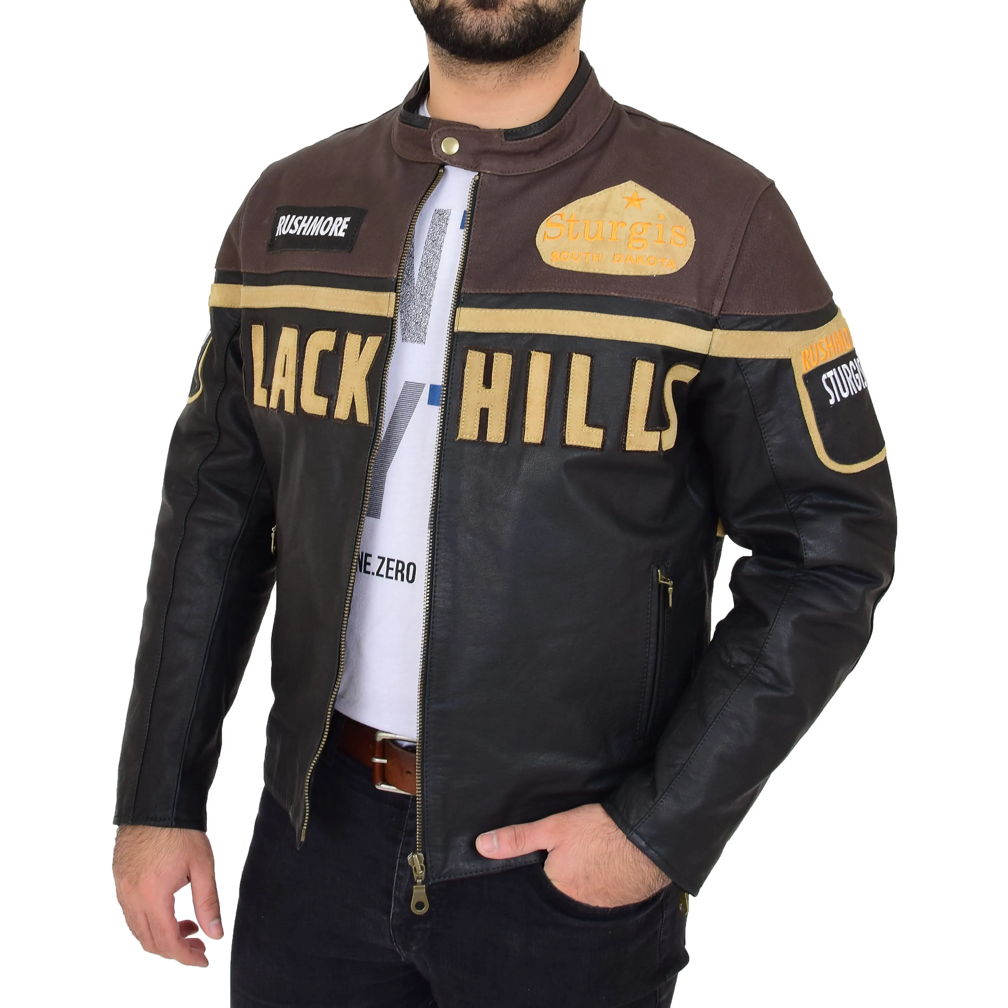 Mens Waxed Cowhide Biker Leather Jacket Badges Stripes Logos Tank Black Brown