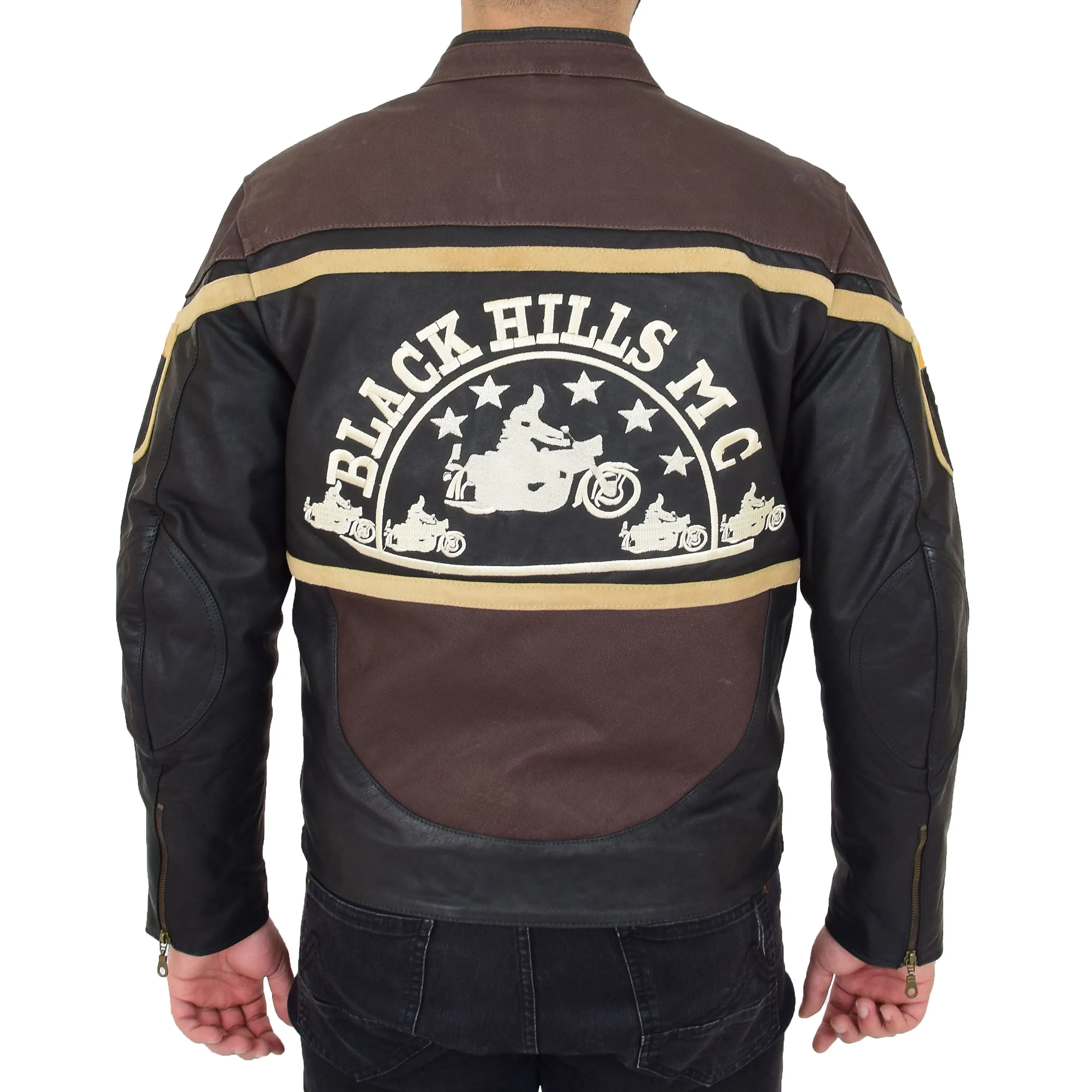 Mens Waxed Cowhide Biker Leather Jacket Badges Stripes Logos Tank Black Brown