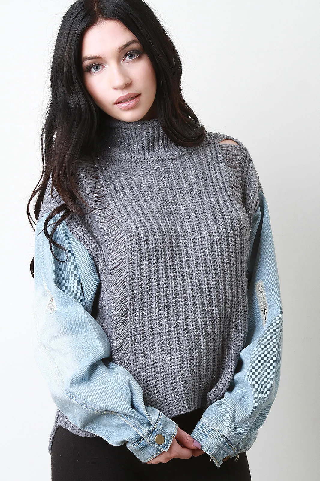 Shredded Turtle Neck Denim Sleeves Sweater