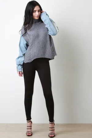 Shredded Turtle Neck Denim Sleeves Sweater