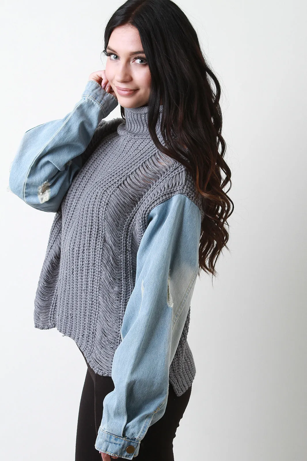 Shredded Turtle Neck Denim Sleeves Sweater