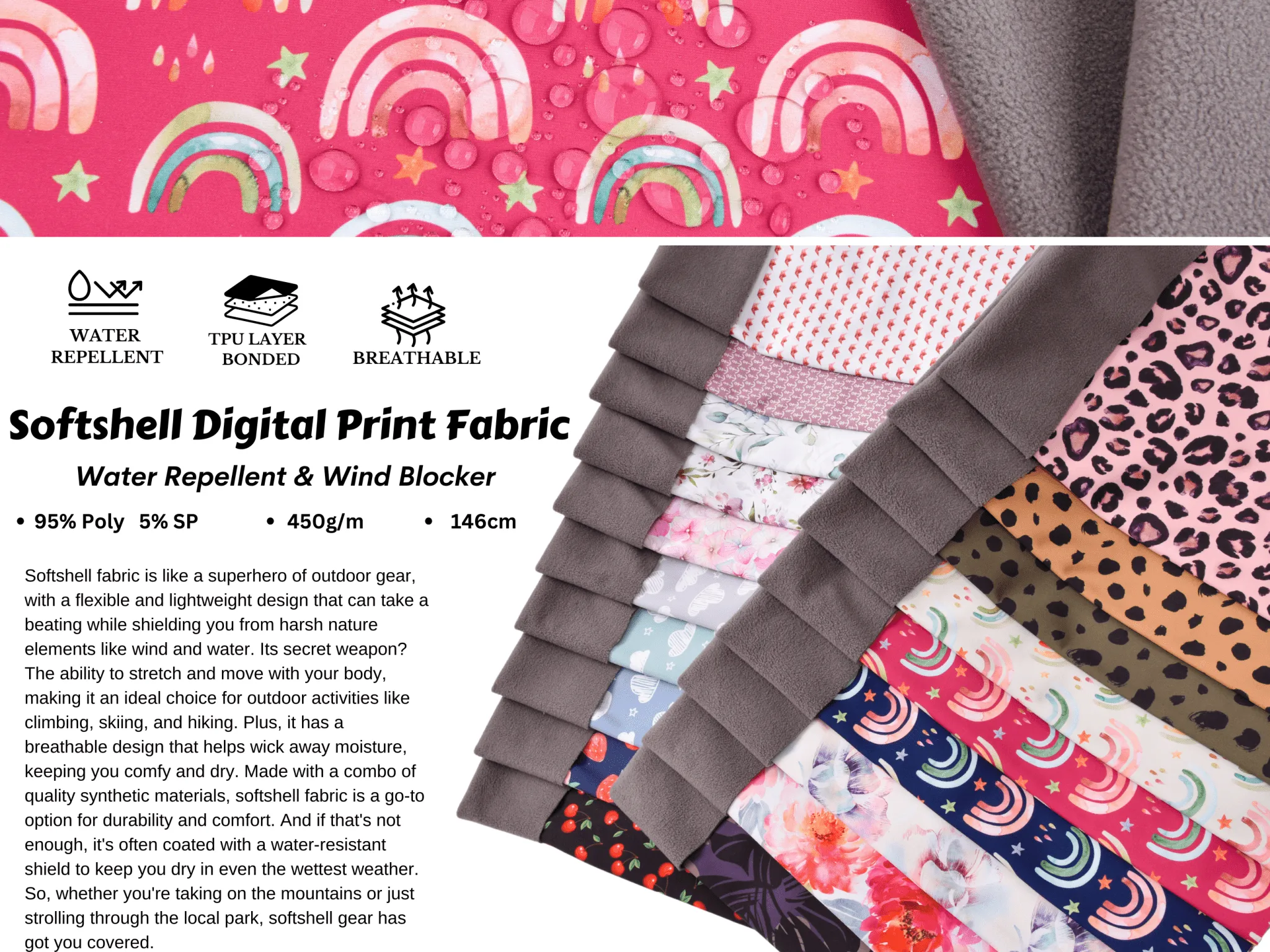 Softshell Digital Scattered Rainbow Print Fabric