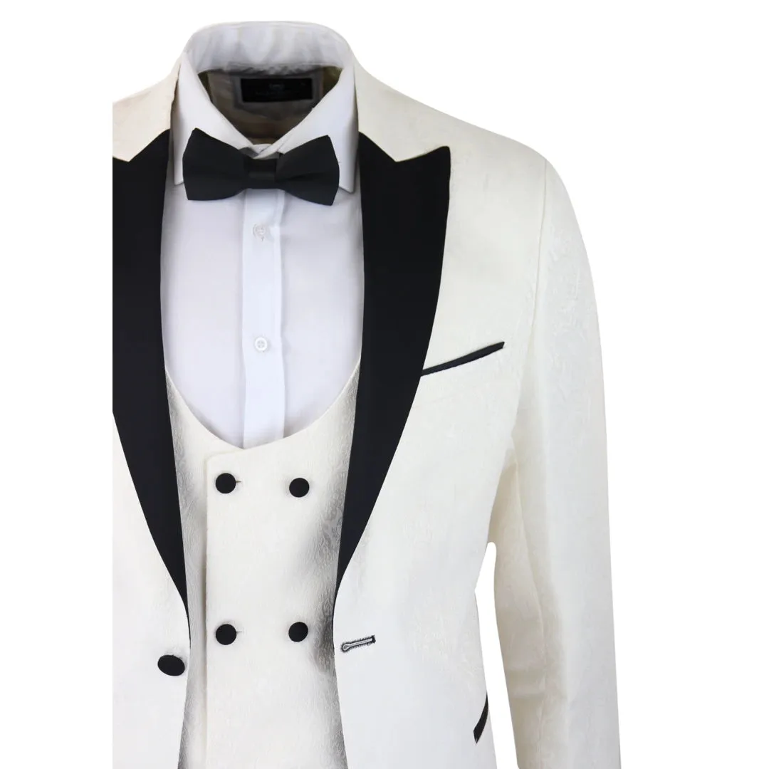 STZ61 - Men's Ivory Black Paisley Tuxedo Blazer And Waistcoat Dinner Jacket Satin