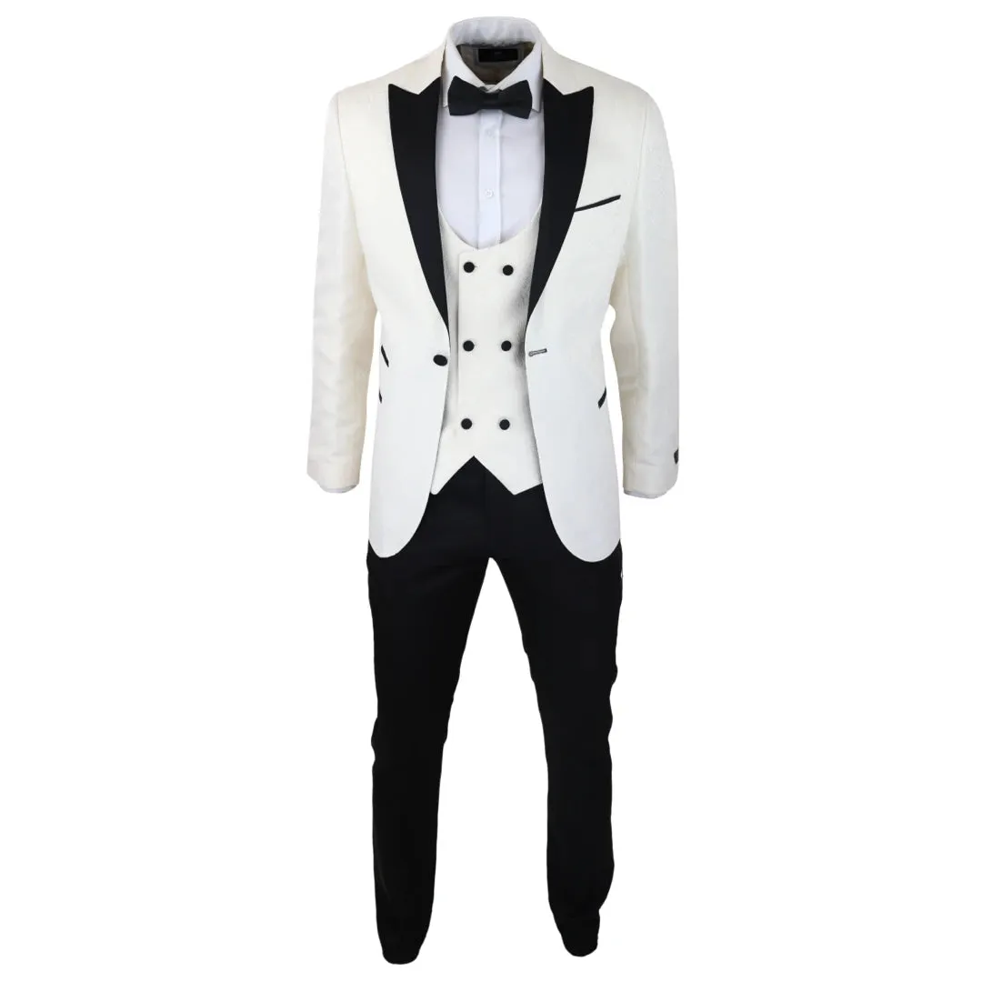 STZ61 - Men's Ivory Black Paisley Tuxedo Blazer And Waistcoat Dinner Jacket Satin