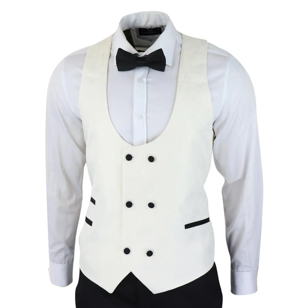 STZ61 - Men's Ivory Black Paisley Tuxedo Blazer And Waistcoat Dinner Jacket Satin