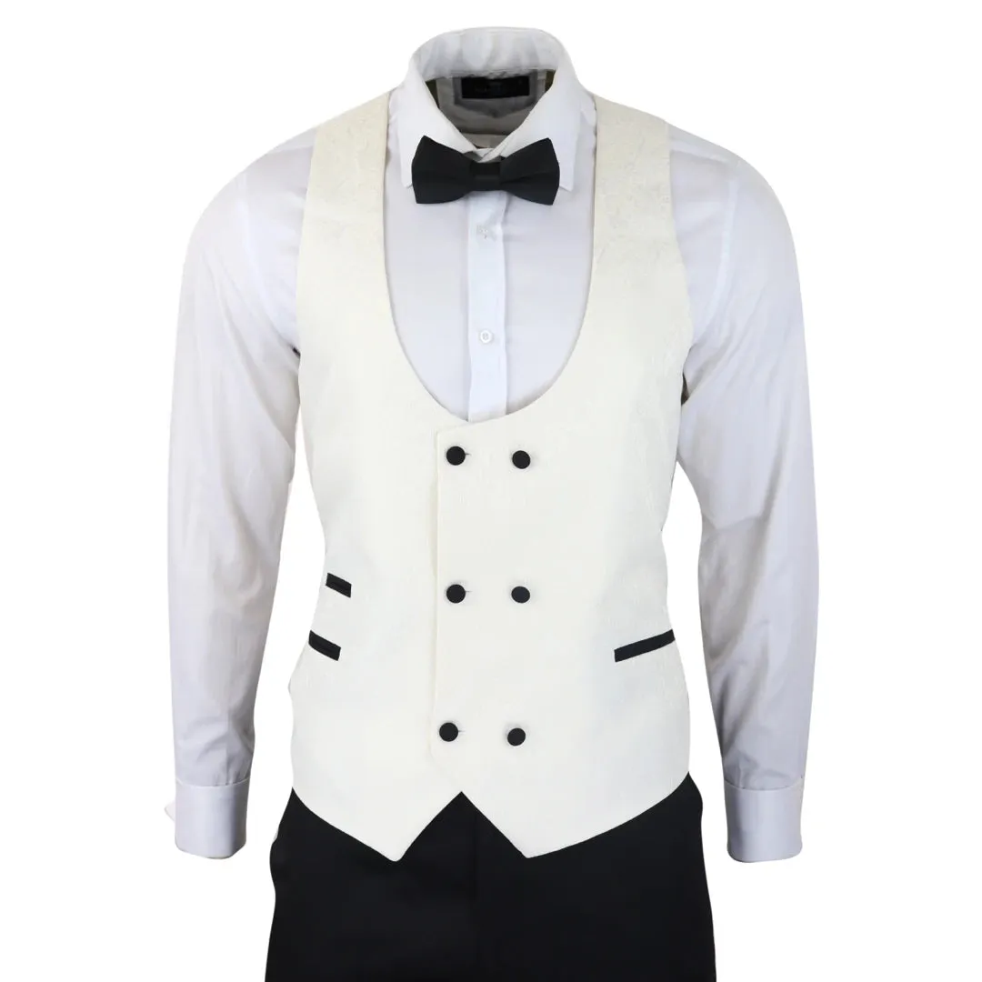 STZ61 - Men's Ivory Black Paisley Tuxedo Blazer And Waistcoat Dinner Jacket Satin