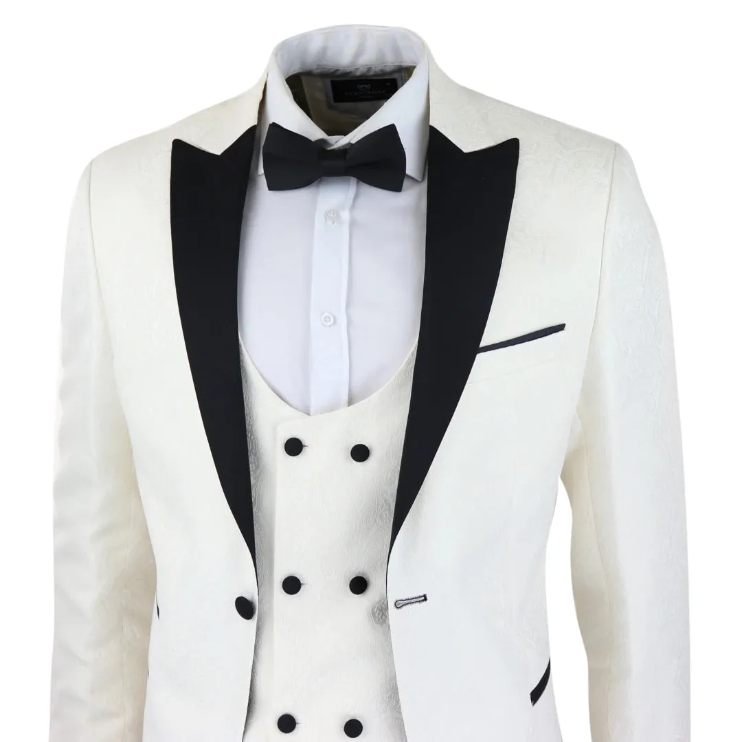 STZ61 - Men's Ivory Black Paisley Tuxedo Blazer And Waistcoat Dinner Jacket Satin