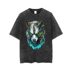 Vintage Washed Mechwarrior Wolf Print T-shirt